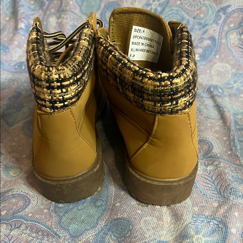 Tan Ankle Boots with Plaid Cuff - Picture 2 of 8